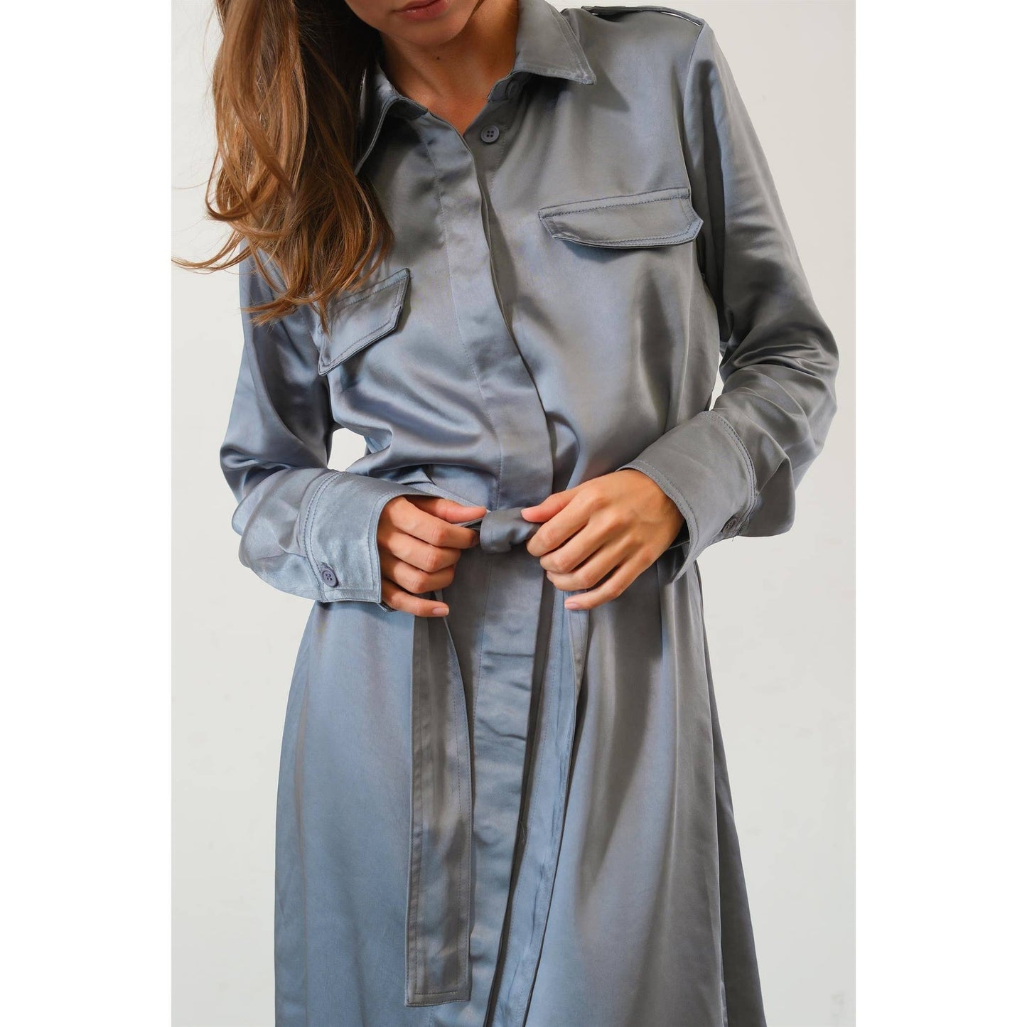 Matte Satin Belted Midi Shirt Dress