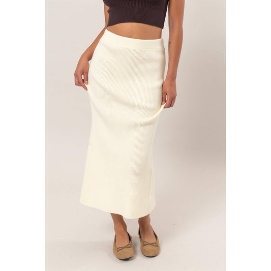 Ribbed Knit Midi Skirt: CREAM / S-M-L(2-2-2)