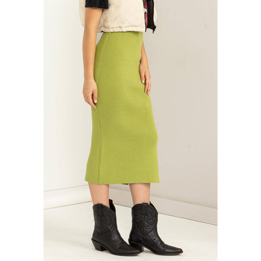 High Waist Ribbed Midi Skirt: PALE OLIVE / S-M-L(2-2-2)