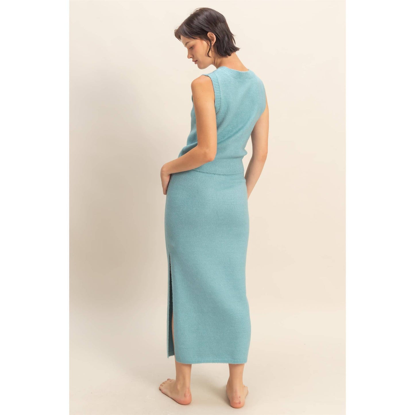 Button Front Vest & Midi Skirt Knit Set: SAGE GREEN