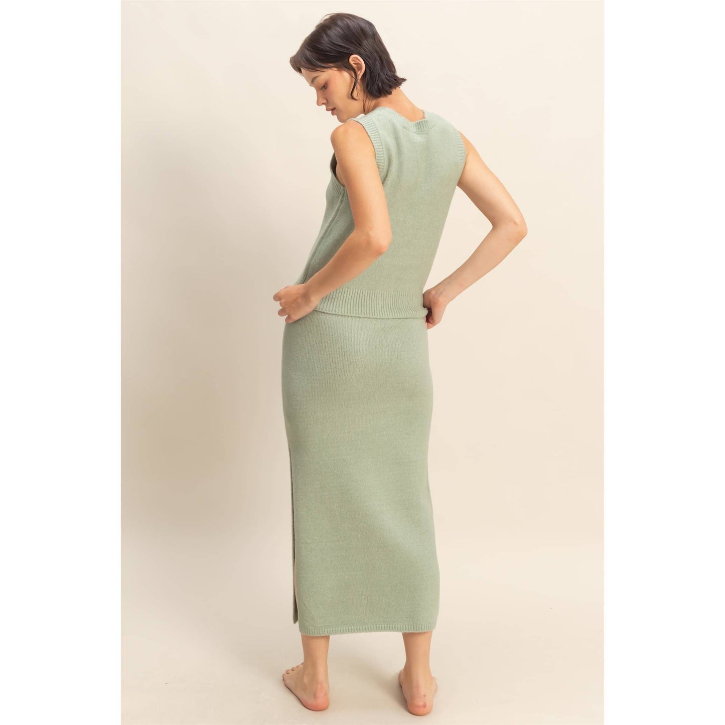 Button Front Vest & Midi Skirt Knit Set: SAGE GREEN