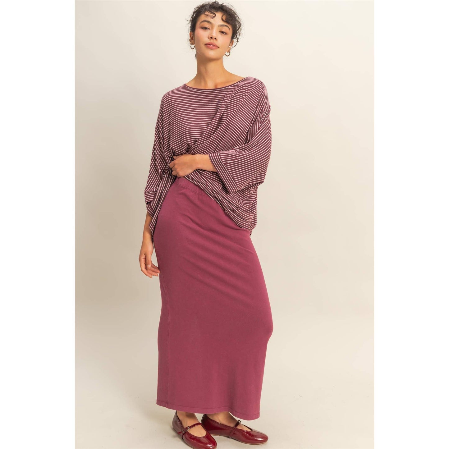 Mid-Rise Mineral Washed Casual Maxi Skirt: DARK TAUPE / S-M-L(2-2-2)