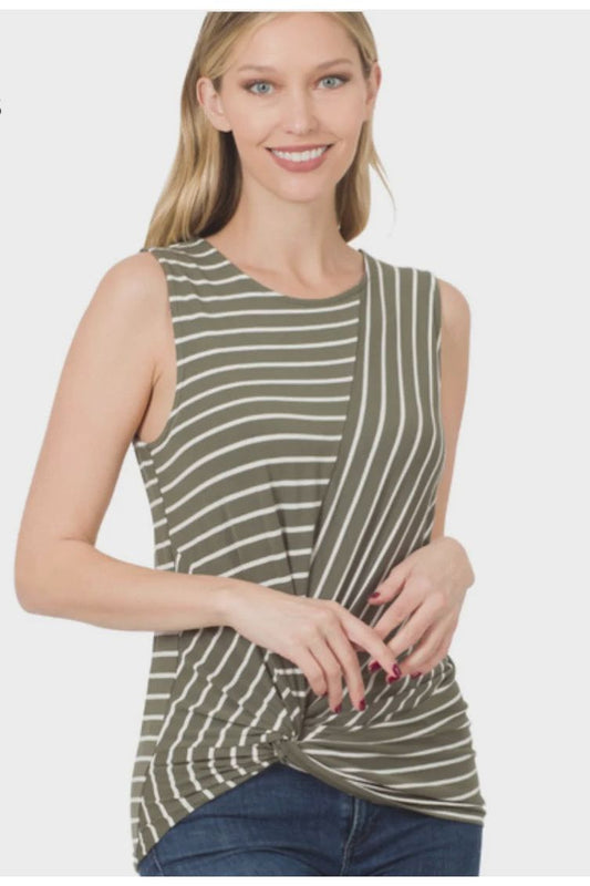 STRIPED KNOT-FRONT SLEEVELESS TOP -LT Olive/Ivory