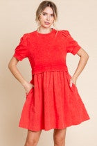 Washing cotton dress with U-neck- red