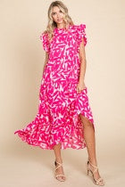 Print midi dress with a frilled neck- Pink