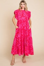 Print maxi dress with frilled neck- Hot Pink