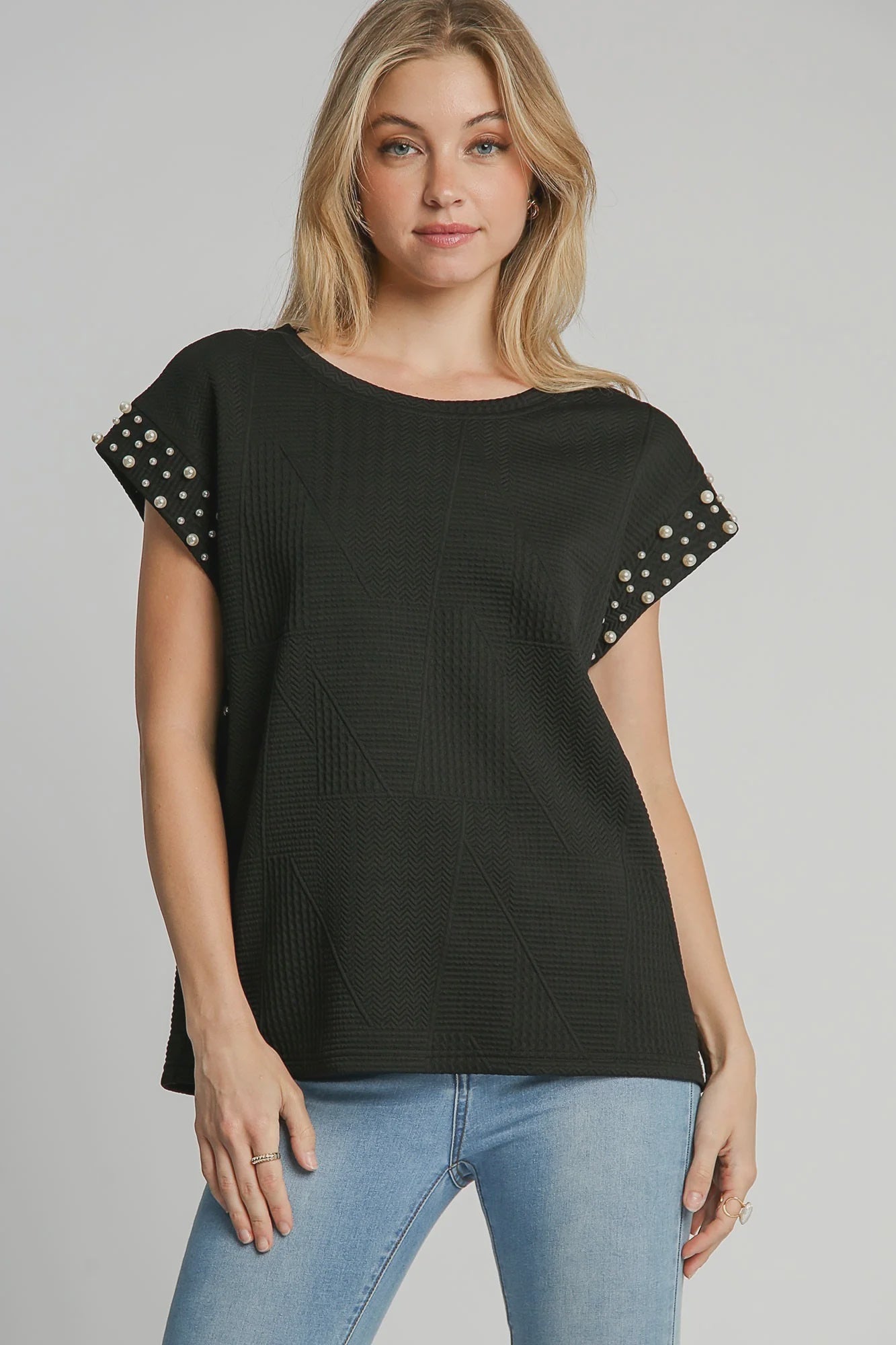 Knit Jacquard Top With Pearls - BLACK - The Perfect Gift Shop & Boutique