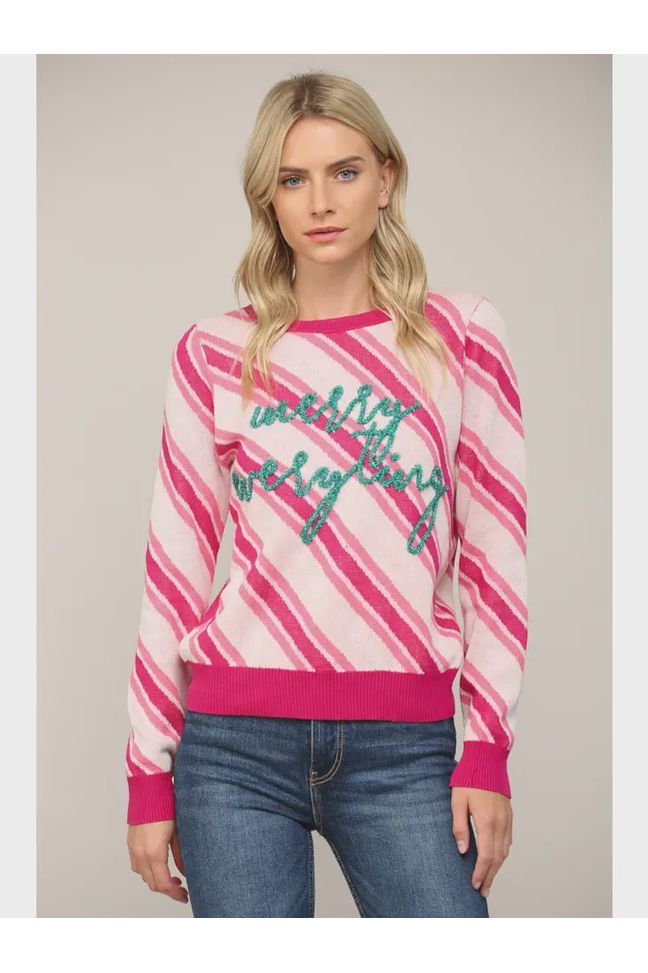 Merry Everything Glitter Script Stripe Holiday Sweater - Pink - The Perfect Gift Shop & Boutique