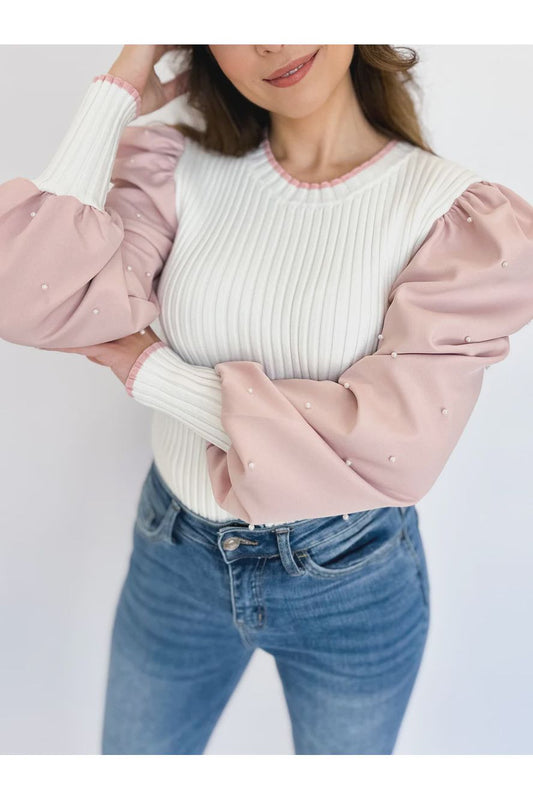 Pearl Embellished Puff Sleeve Rib Knitted Sweater - The Perfect Gift Shop & Boutique