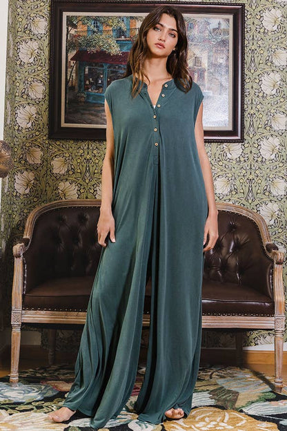 R5120T Sleeveless Wide Leg Solid Knit Jumpsuit: TEAL / S - M - L (2 - 2 - 2) - The Perfect Gift Shop & Boutique