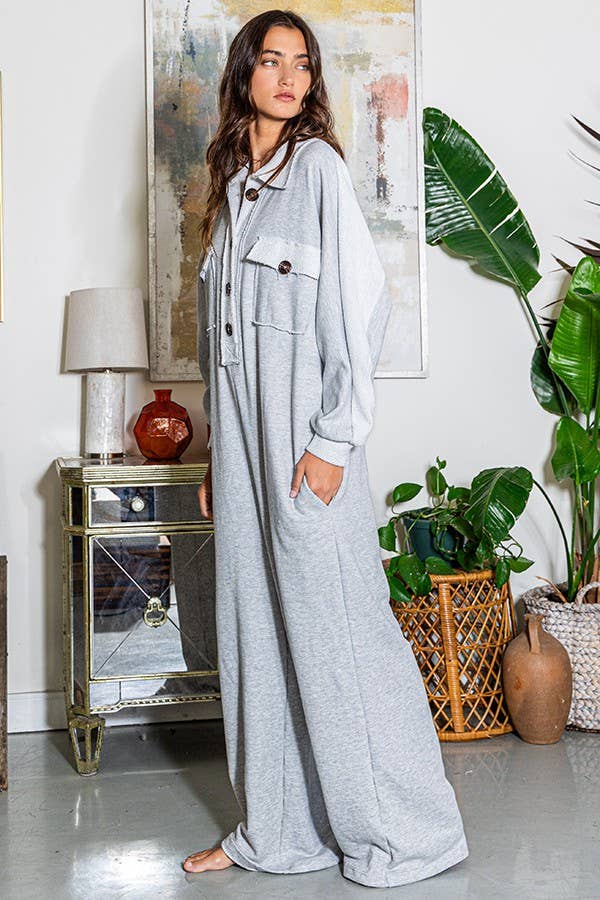 R5343 Oversize French Terry Jumpsuit: HEATHER GREY / S - M - L (2 - 2 - 2) - The Perfect Gift Shop & Boutique