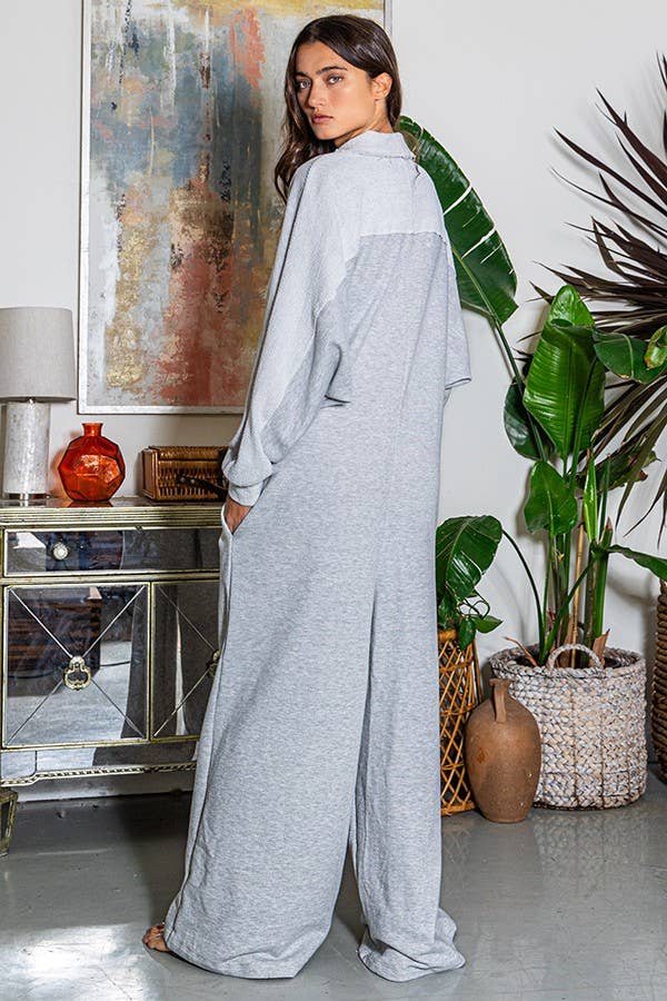 R5343 Oversize French Terry Jumpsuit: HEATHER GREY / S - M - L (2 - 2 - 2) - The Perfect Gift Shop & Boutique