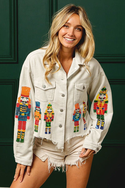 SEQUIN NUTCRACKERS EMBROIDERY CHRISTMAS WASHED CORDUROY JACKET - Ivory - The Perfect Gift Shop & Boutique