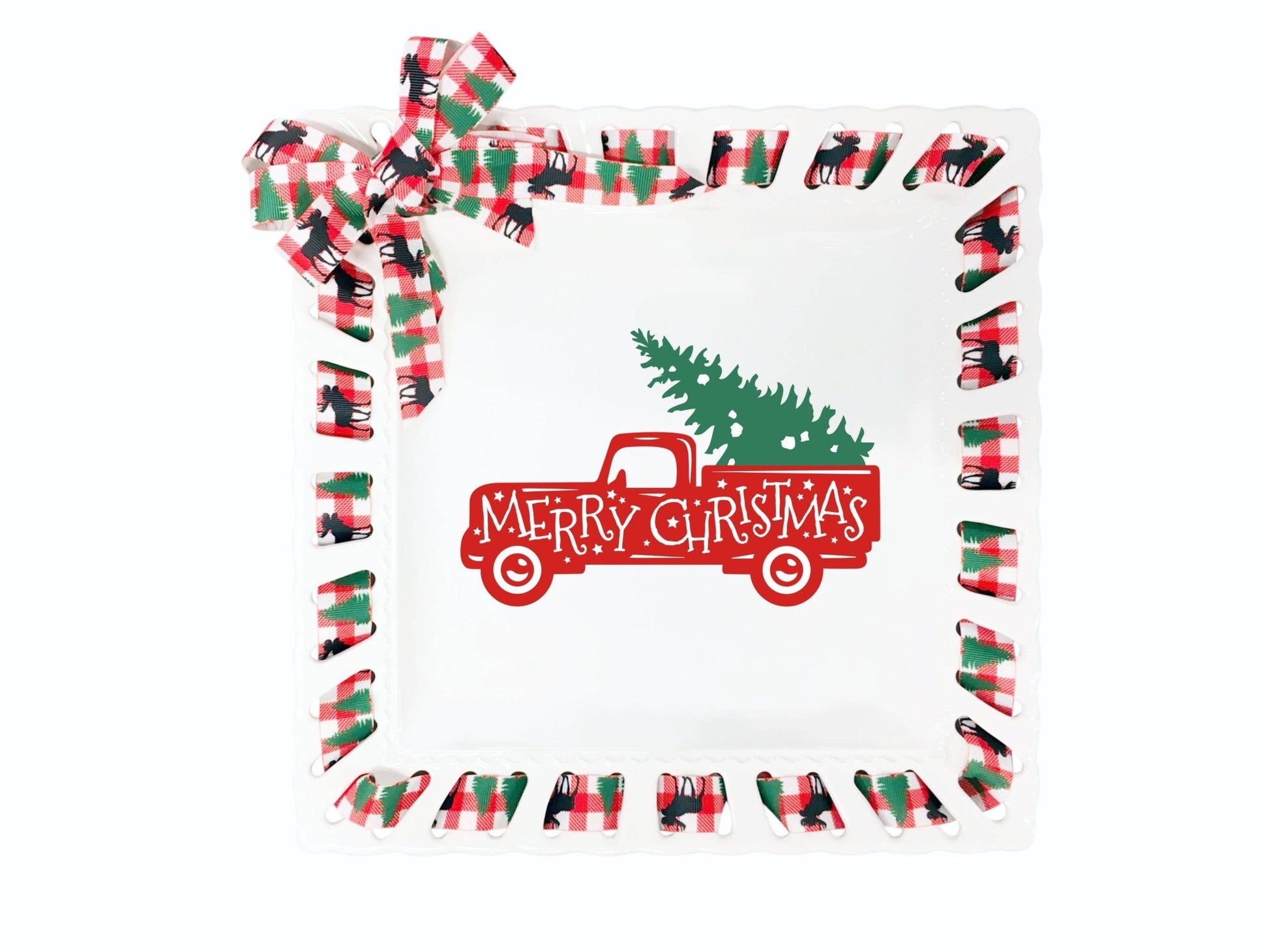 Square Plate w/ Christmas Plaid Ribbon_MerryChristmasTruck - The Perfect Gift Shop & Boutique