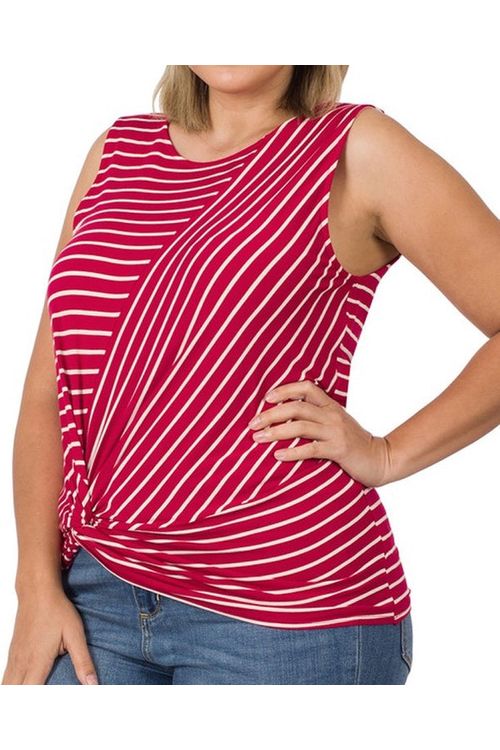 STRIPED KNOT-FRONT SLEEVELESS TOP - Burgandy/Ivory