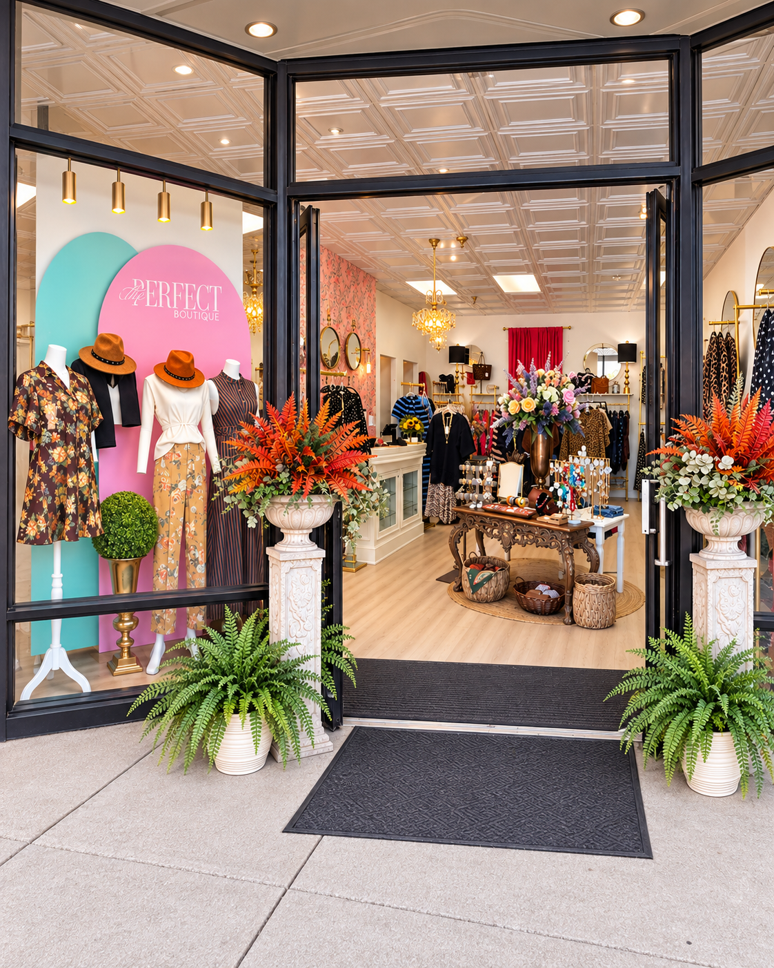 Fall storefront and boutique interior at The Perfect Boutique