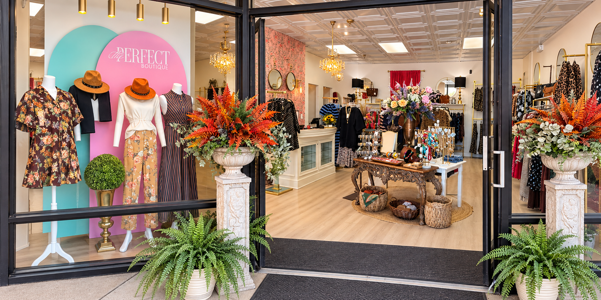 Fall storefront and boutique interior at The Perfect Boutique
