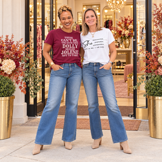 Tiffany and Mandi model the maroon and white T-shirt Collective designs