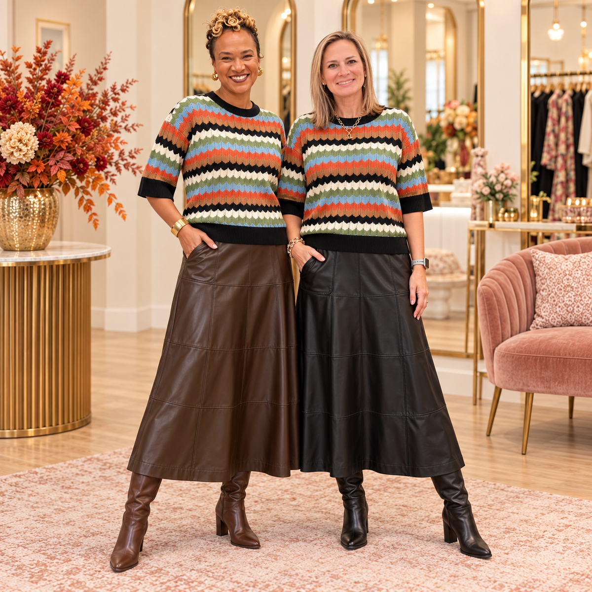 Tiffany and Mandi wearing the Twiggy Sweater with brown and black Evelyn Leather Skirts