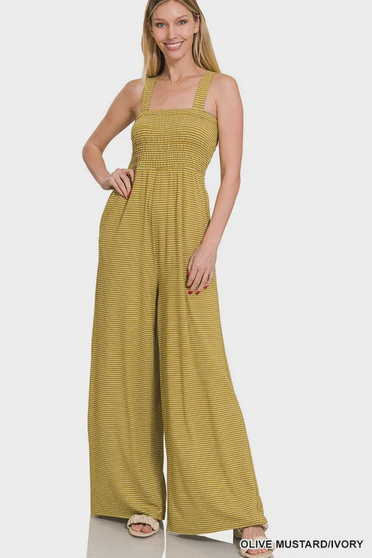 A-Plus smocked top striped jumpsuit - Mustard/Ivory