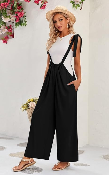 Woven tie back suspender jumpsuit with pockets- black