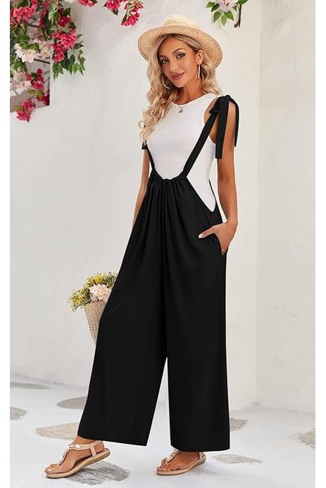 Woven tie back suspender jumpsuit with pockets- black