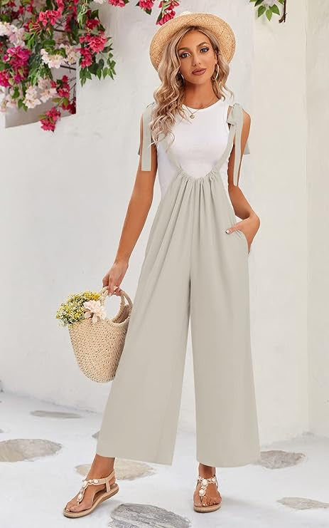 WOVEN TIE BACK SUSPENDER JUMPSUIT WITH POCKETS - Light Grey