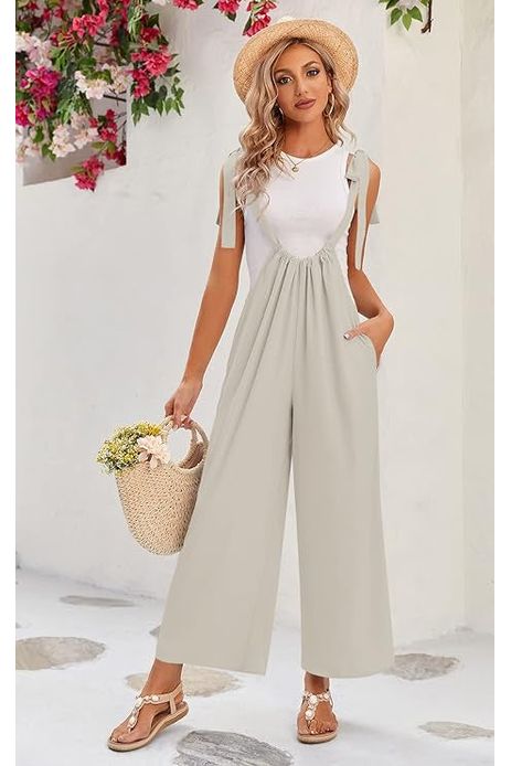 WOVEN TIE BACK SUSPENDER JUMPSUIT WITH POCKETS - Light Grey