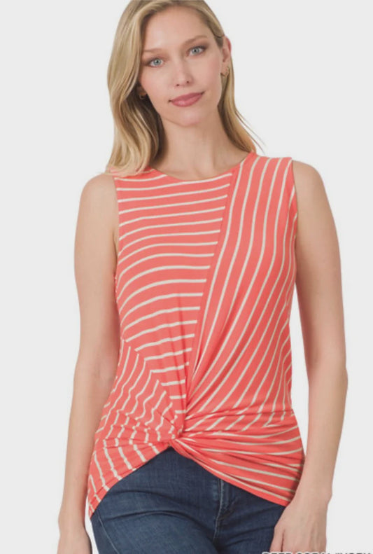 STRIPED KNOT-FRONT SLEEVELESS TOP - DEEP CORAL/IVORY