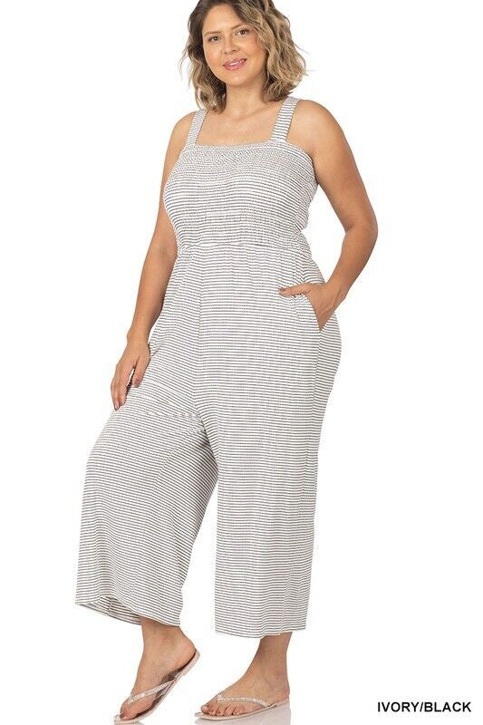 PLUS SMOCKED TOP STRIPED JUMPSUIT WITH POCKETS - Ivory/Black