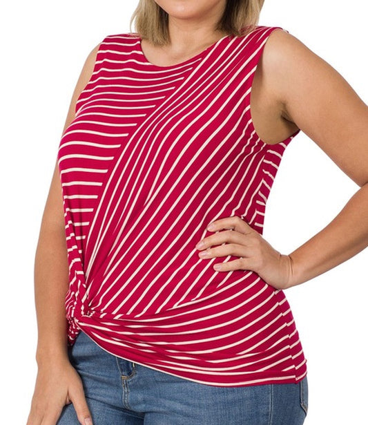 STRIPED KNOT-FRONT SLEEVELESS TOP - Burgandy/Ivory
